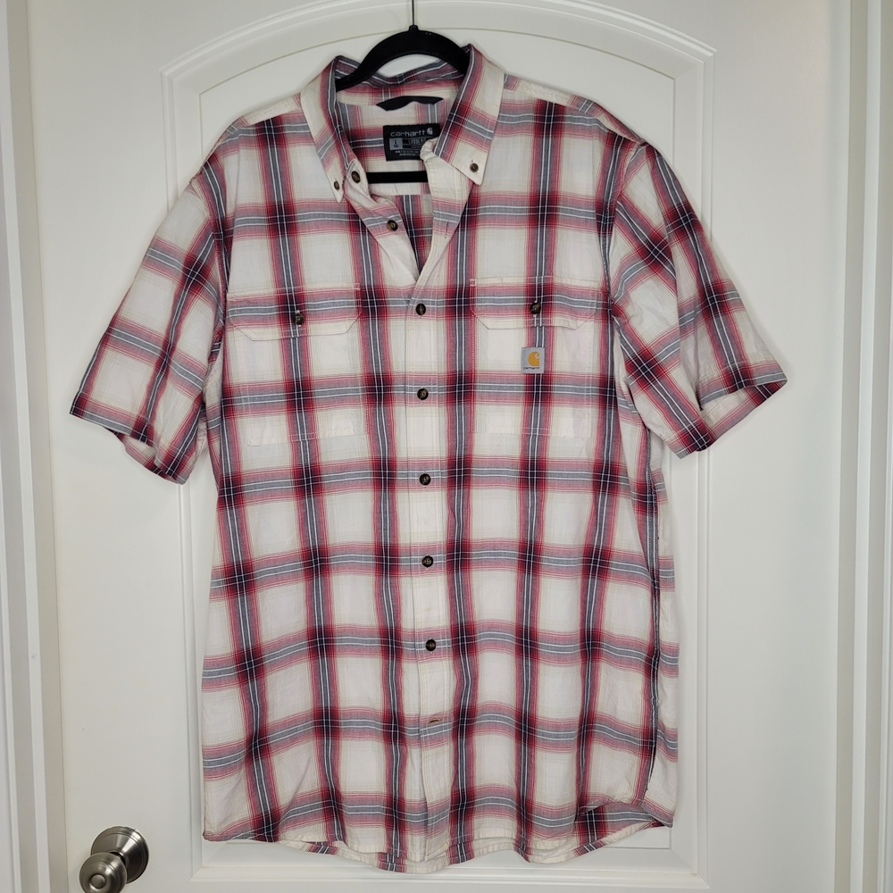 Carhartt Men's Red and White Plaid Workman Button Down Shirt Lumberjackcore